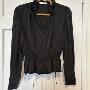 NWT Rebecca Taylor black ruffles neck long sleeve blouse size S